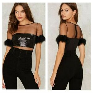 Rare London Places Please Mesh Sequin Bodysuit With Faux Feather Sleeves Size 2